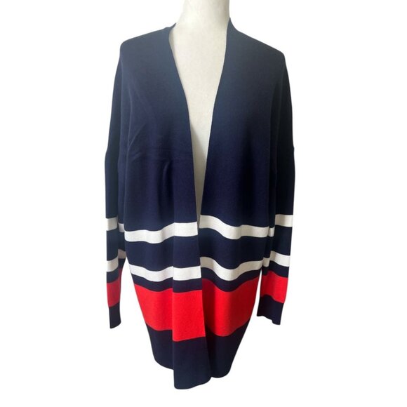 NWT Crown & Ivy Navy White Orange Open Front Cardigan Size Medium Reg. $65 - Picture 1 of 10